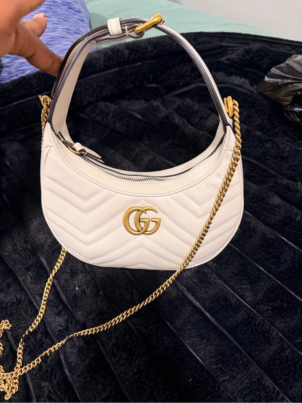 Gucci White GG Marmont Crescent Mini Bag with Gold Chain
